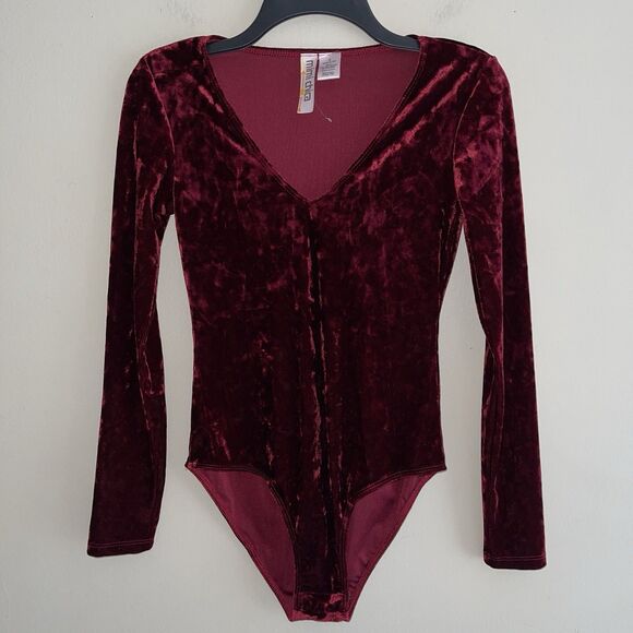 Mimi Chica Body Suit Top Size S Velvet Long Sleeve V Neck Burgundy Red Fancy - Picture 5 of 5